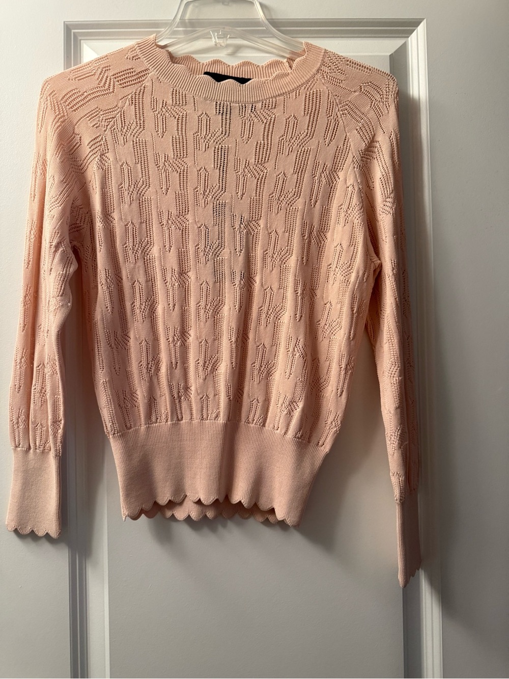 Scallop Hem Pointelle Crewneck Sweater - Pale Orange/Nude